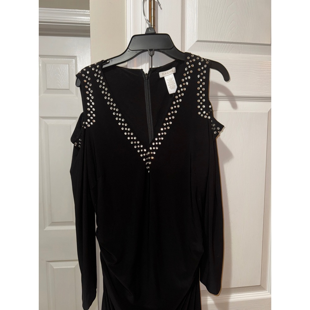 Cache Black Rhinestone Cold Shoulder Ruched Long Sleeve Cocktail Dress - Picture 5 of 11